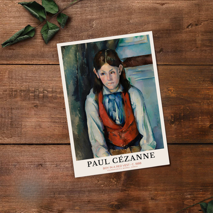 Classical art exhibition print of Paul Cezanne Boy In Red Vest 1888 showing a young man in a red vest in Paris France. Select premium framed wall art, unframed paper prints, and stretched canvas decor options at MapYourDreams for an eye-catching focal point in your hall.
