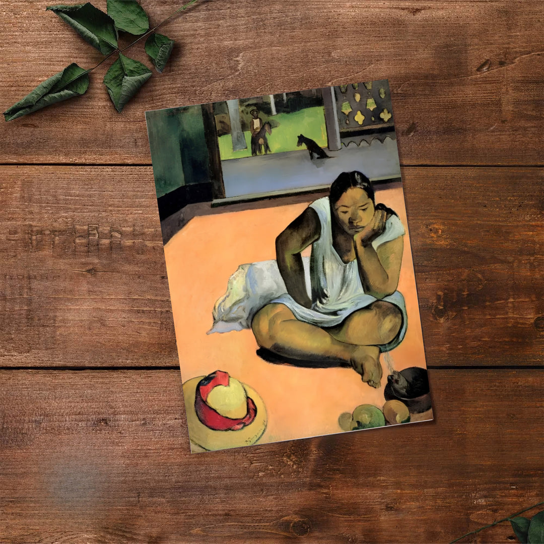 Classical island figure wall art print of Paul Gauguin Brooding Woman Te Faaturuma 1891 showing a seated woman in profile in Tahiti French Polynesia. Select premium framed wall art, unframed paper prints, and stretched canvas decor options at MapYourDreams for an eye-catching focal point in your hall.