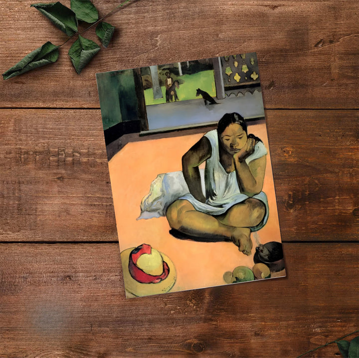Classical island figure wall art print of Paul Gauguin Brooding Woman Te Faaturuma 1891 showing a seated woman in profile in Tahiti French Polynesia. Select premium framed wall art, unframed paper prints, and stretched canvas decor options at MapYourDreams for an eye-catching focal point in your hall.