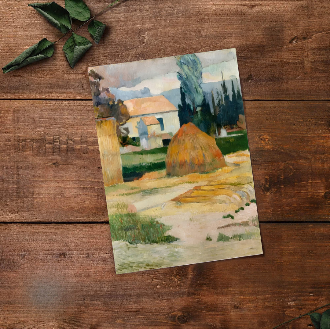 Classic French pastoral wall art print of Paul Gauguin Landscape Near Arles 1888 showing farm buildings in Arles, Provence, France. Select premium framed wall art, unframed paper prints, and stretched canvas decor options at MapYourDreams for an eye-catching living room focal point.