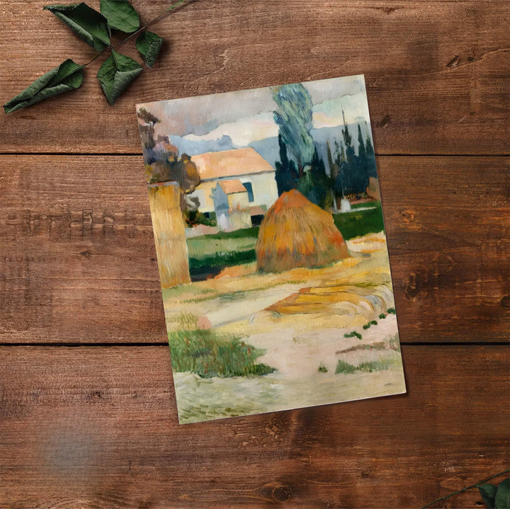 Classic French pastoral wall art print of Paul Gauguin Landscape Near Arles 1888 showing farm buildings in Arles, Provence, France. Select premium framed wall art, unframed paper prints, and stretched canvas decor options at MapYourDreams for an eye-catching living room focal point.