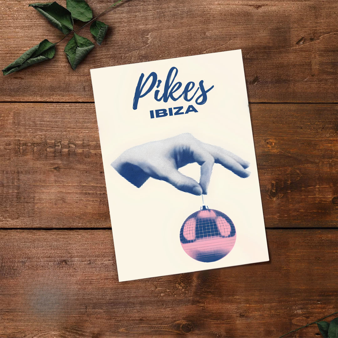 Pop-art Ibiza venue poster depicting Pikes hotel branding with blue stipple artwork and pink disco ball details, available at MapYourDreams as an unframed fine art print, gallery canvas, or custom framed decor in pure gold and silver for dining room accent walls.