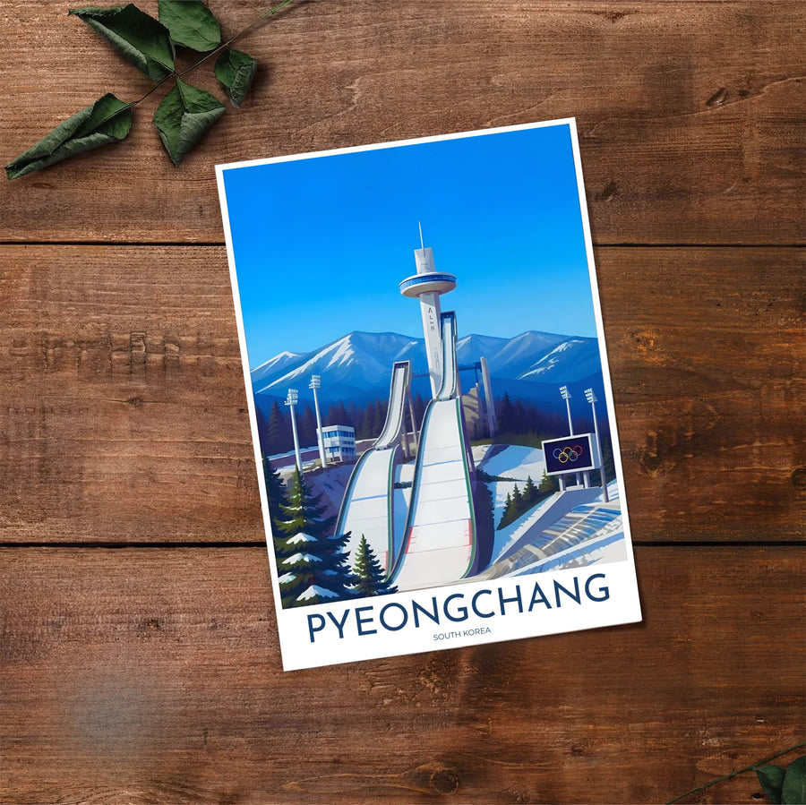 High-contrast vector travel poster of Pyeongchang, South Korea, featuring dark green snow-laden pine trees, white ski ramps, and blue mountain silhouettes at Alpensia Resort. Offered by MapYourDreams, this artwork is available in flexible options including unframed paper, custom wooden frames, and gallery canvas wraps.