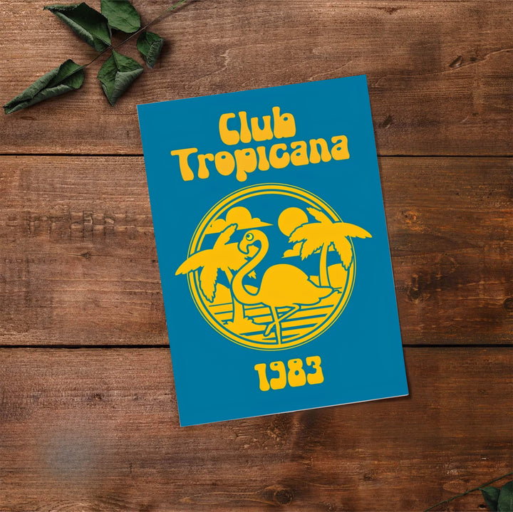 Pop-art tropical venue poster depicting Club Tropicana 1983 branding with yellow flamingo vector artwork, available at MapYourDreams as an unframed fine art print, gallery canvas, or custom framed decor in pure gold and silver for coastal room accent walls.