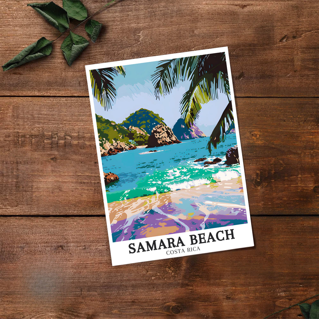 Central American beach landscape scenery and clean Costa Rica typography highlight this Samara Beach poster print. Select premium framed, unframed, and canvas options at MapYourDreams to update walls.