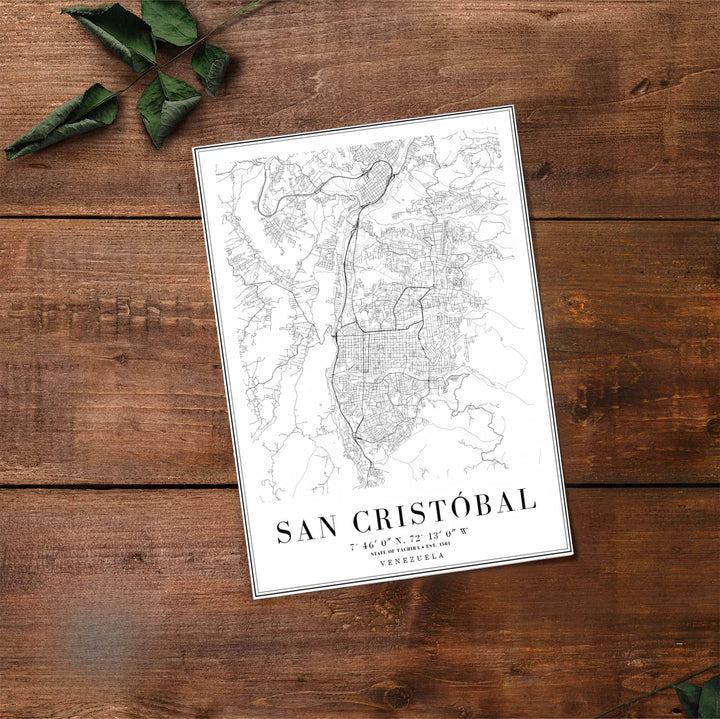 Artistic cartography illustration capturing the stark black ink lines and white background of San Cristóbal, Táchira. Made by MapYourDreams, this artistic composition can be purchased as an unframed print, elegantly mounted in wood frames, or produced on stretched canvas.