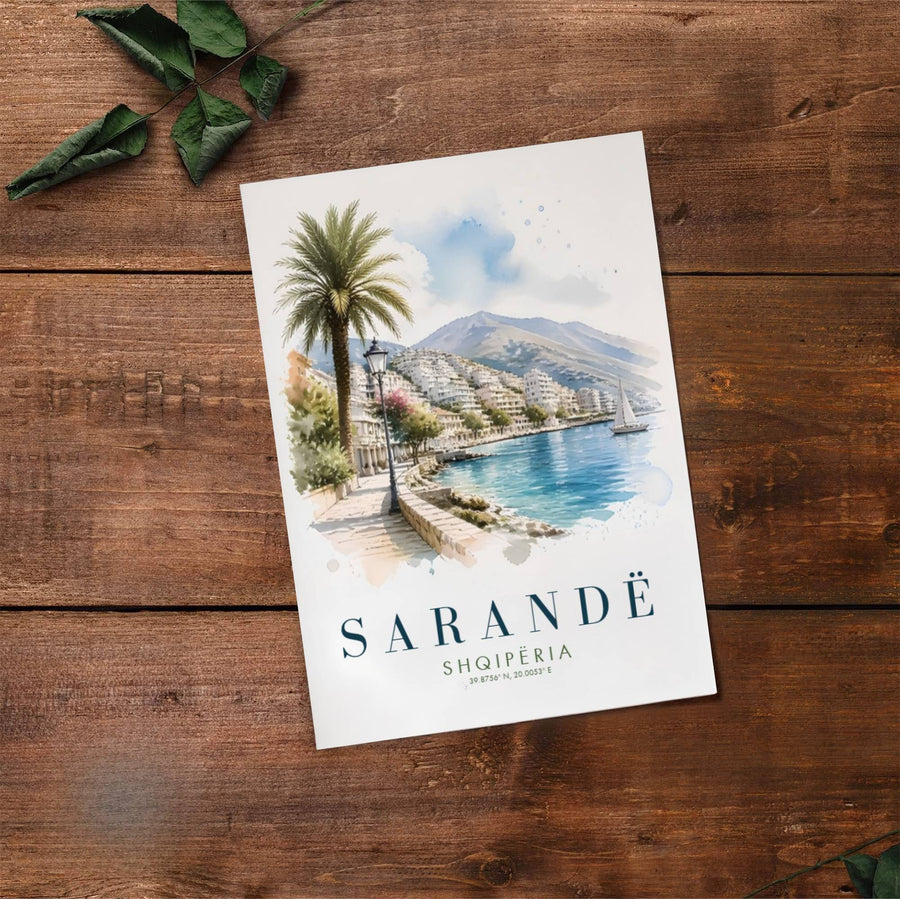 Fine art travel poster showing Sarandë with sunny skies, palm trees, and relaxed coastal scenery across an inviting horizontal view. Choose from flexible display setups including unframed archival paper, wooden frames, or wrapped canvas formats.