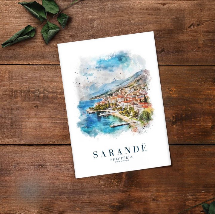 Fine art travel poster showing Sarandë with sunny skies, coastal architecture, and relaxed sea scenery across an inviting horizontal view. Choose from flexible display setups including unframed archival paper, wooden frames, or wrapped canvas formats.