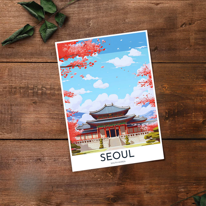 High-contrast line art travel print of Gyeongbokgung Palace in Seoul, South Korea, featuring dark evergreen pines, brilliant red columns, and delicate pink spring blossoms. Offered by MapYourDreams, this artwork is available in flexible options including unframed paper, custom wooden frames, and gallery canvas wraps.