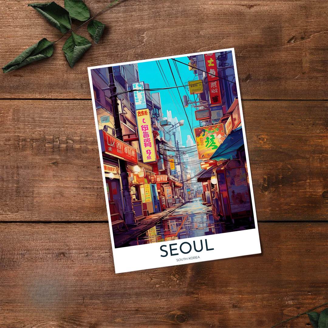 High-contrast line art travel print of a bustling side street in Seoul, South Korea, featuring deep shadow tones, fiery red shop lights, and electric blue sky gradients. Offered by MapYourDreams, this artwork is available in flexible options including unframed paper, custom wooden frames, and gallery canvas wraps.