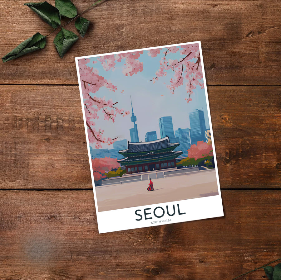 High-contrast vector travel print of Gyeongbokgung Palace in Seoul, South Korea, featuring a striking red Hanbok figure, dark blue palace roofs, light pink cherry blossoms, and steel blue city towers. Offered by MapYourDreams, this artwork is available in flexible options including unframed paper, custom wooden frames, and gallery canvas wraps.
