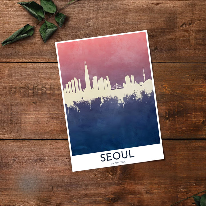 Artistic watercolor city landscape print of Seoul, South Korea, displaying a silhouetted skyline set against a rich dusty rose and periwinkle gradient sky. Offered by MapYourDreams, this artwork is available in flexible options including unframed paper, custom wooden frames, and gallery canvas wraps.