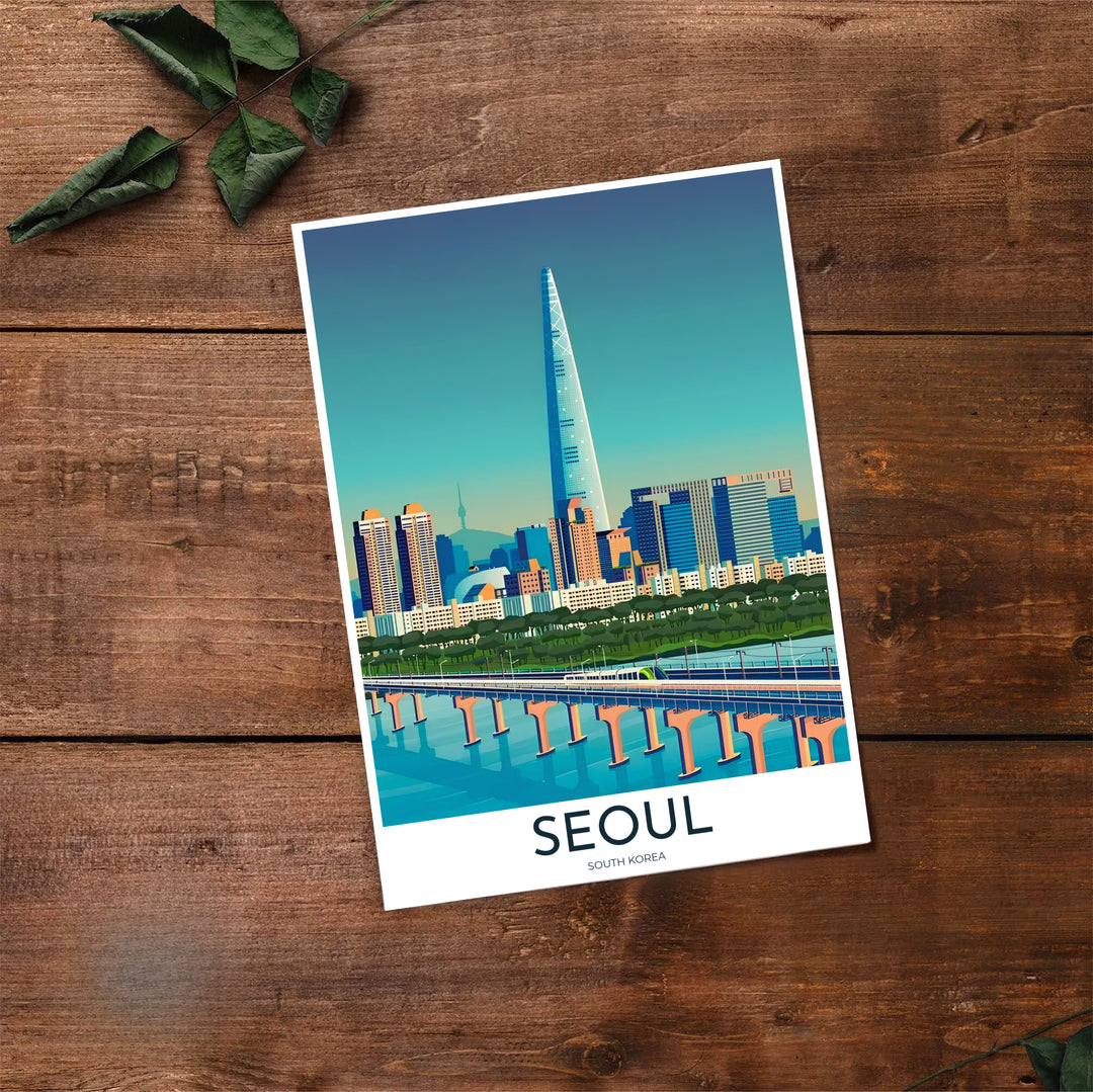 Graphic skyline poster showing the soaring height of Lotte World Tower over Seoul, presented by MapYourDreams in unframed archival paper, retro black frames, and gallery stretched canvas.