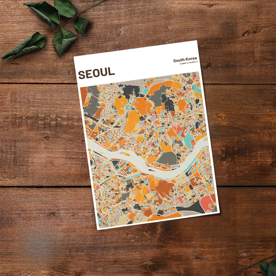 Panoramic style warm mosaic city map poster showing the beige Han River dividing Seoul, South Korea, created by MapYourDreams in flexible formats including unframed prints, retro black frames, and stretched canvas that serve as striking architectural wall art.