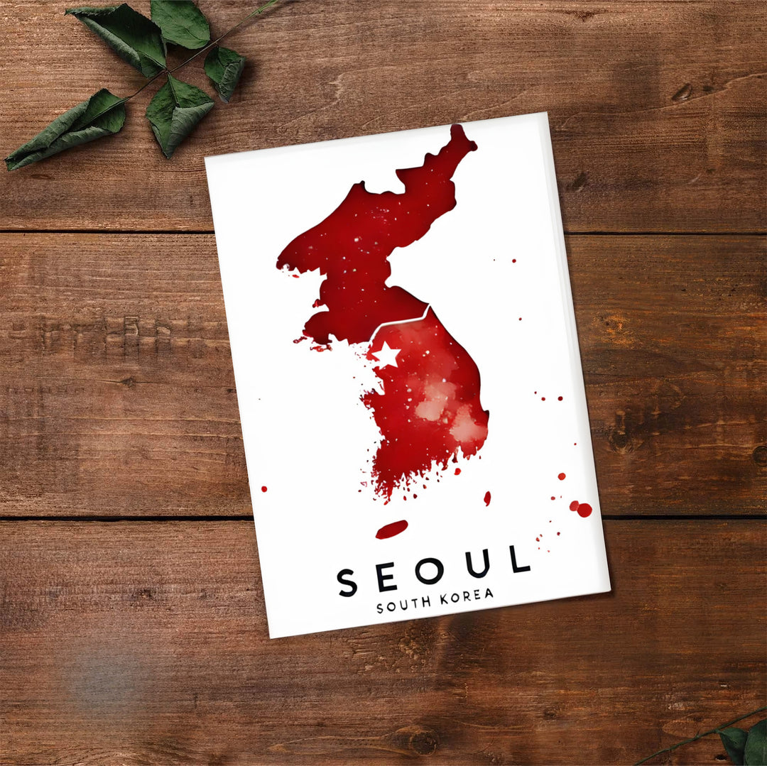 Panoramic style crimson watercolor map poster showing the peninsula shape and white star over Seoul, South Korea, created by MapYourDreams in flexible formats including unframed prints, retro black frames, and stretched canvas that serve as striking statement wall art.