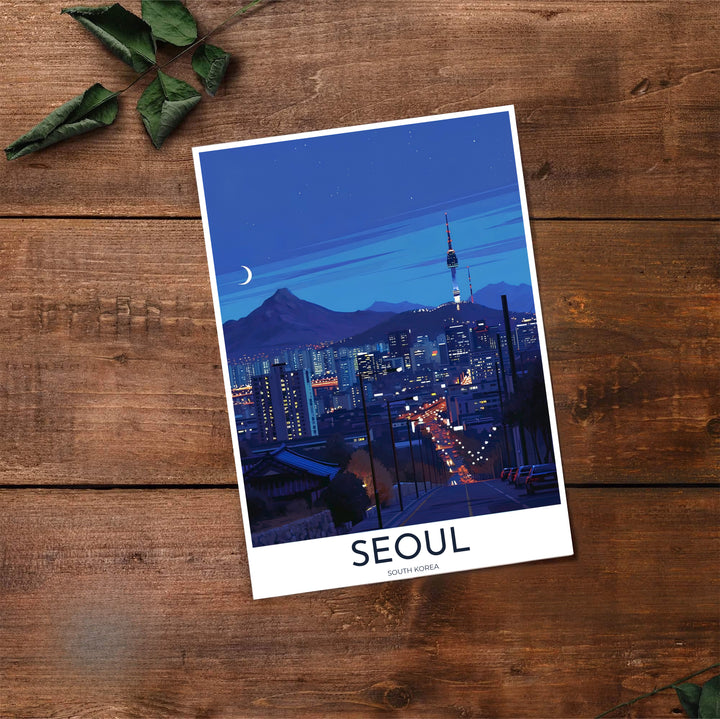 Panoramic style evening city poster showing N Seoul Tower rising above the glowing streets of Seoul South Korea, created by MapYourDreams in flexible formats including unframed prints, retro black frames, and stretched canvas that serve as striking statement wall art.