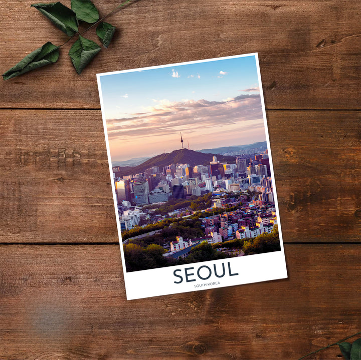 Sophisticated sunset travel poster showcasing golden hour light hitting the city buildings of Seoul South Korea, brought to you by MapYourDreams in options like unframed archival paper, solid frames, and canvas wraps crafted with archival fade-resistant inks.