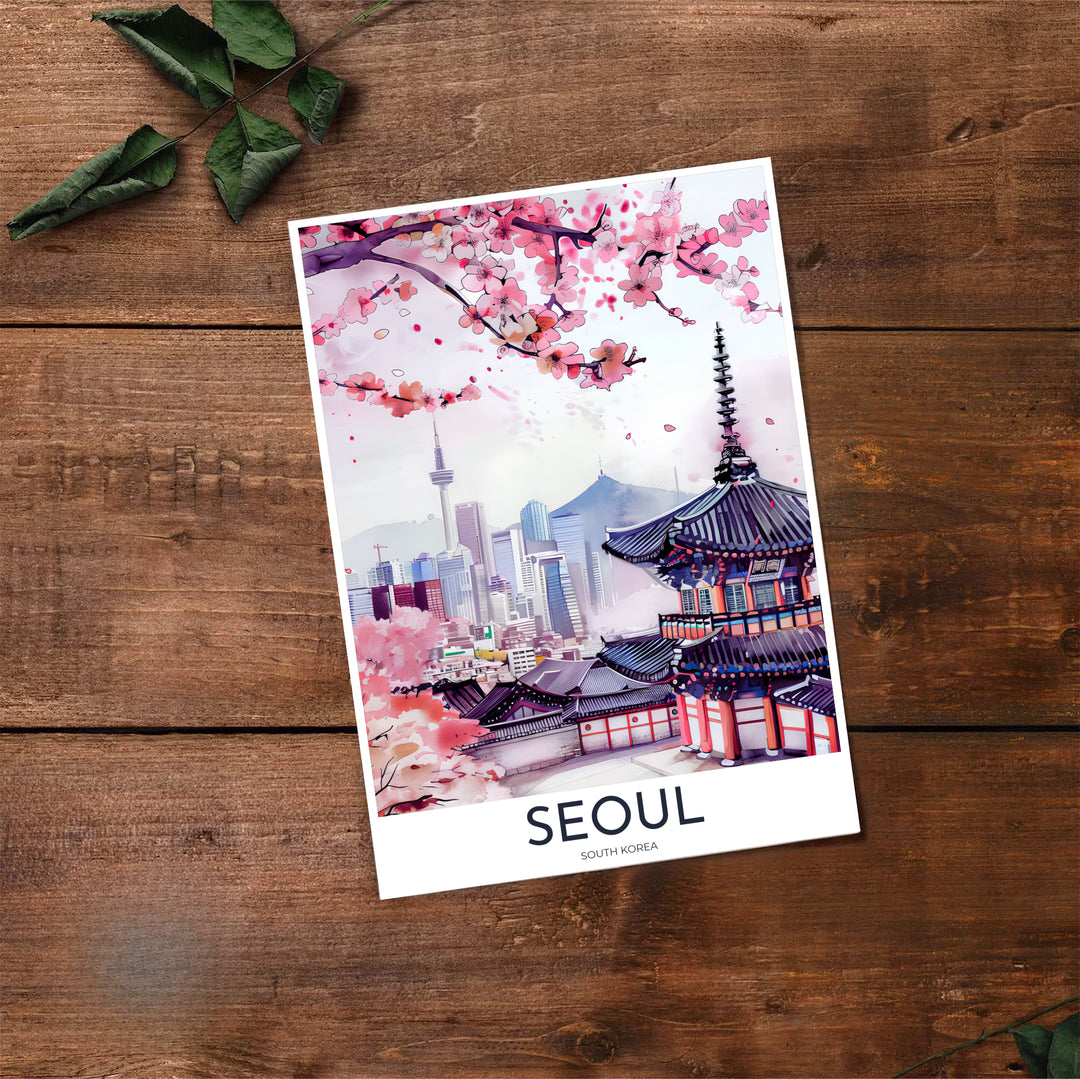 Panoramic style spring skyline poster showing cherry blossom branches rising above temple architecture in Seoul South Korea, created by MapYourDreams in flexible formats including unframed prints, retro black frames, and stretched canvas that serve as striking statement wall art.