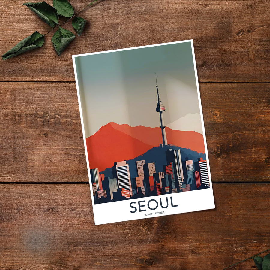 Panoramic style retro travel poster showing N Seoul Tower rising above the urban skyline of Seoul South Korea, created by MapYourDreams in flexible formats including unframed prints, retro black frames, and stretched canvas that serve as striking statement wall art.