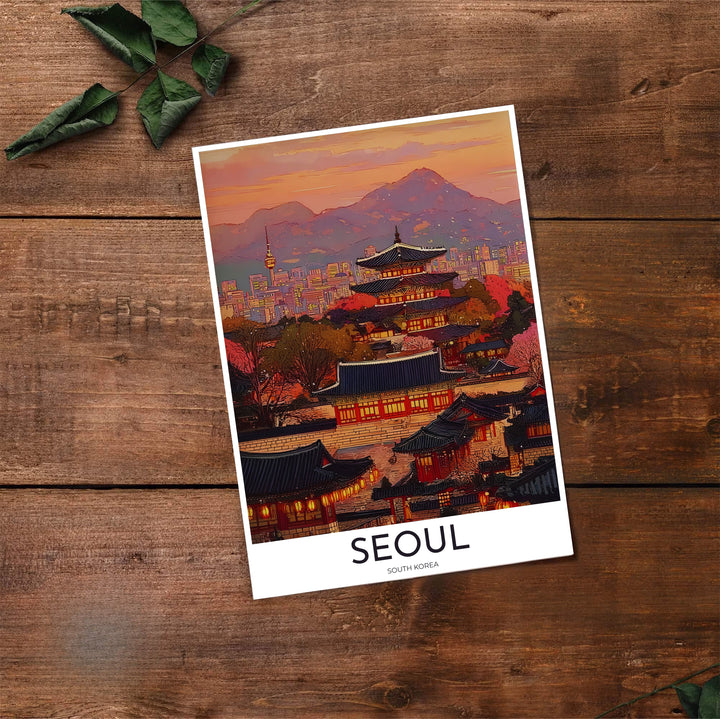 Panoramic style dusk skyline poster showing historic palace architecture rising before the glowing city of Seoul South Korea, created by MapYourDreams in flexible formats including unframed prints, retro black frames, and stretched canvas that serve as striking statement wall art.