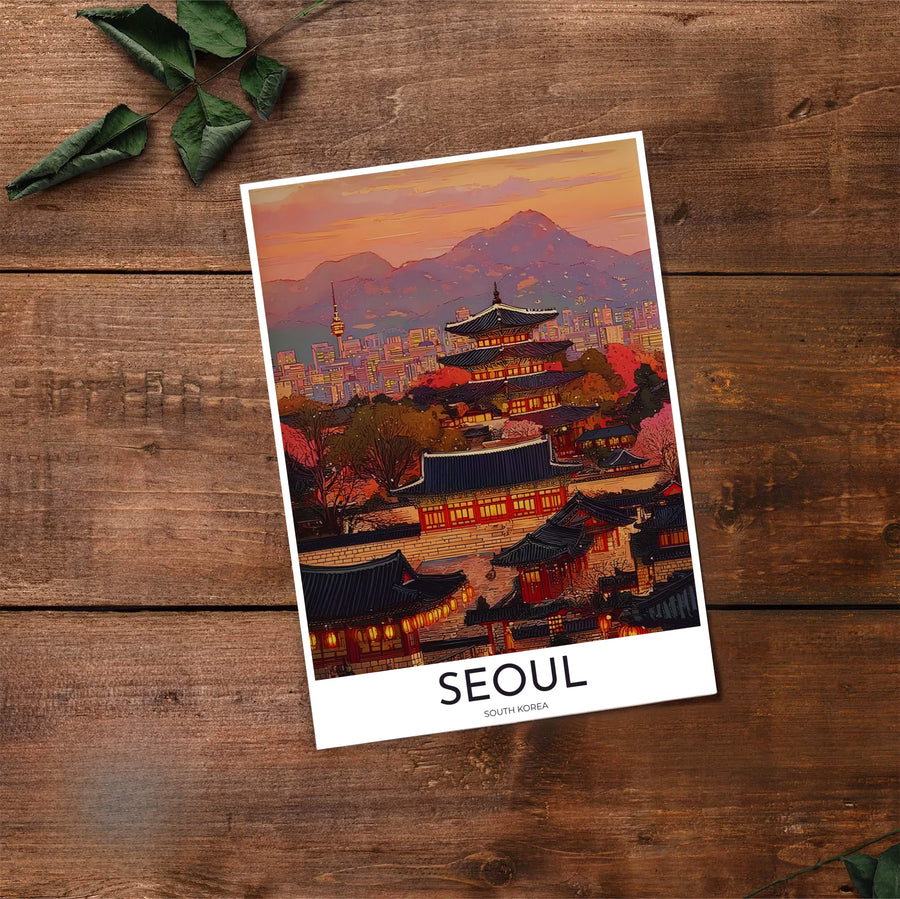 Panoramic style dusk skyline poster showing historic palace architecture rising before the glowing city of Seoul South Korea, created by MapYourDreams in flexible formats including unframed prints, retro black frames, and stretched canvas that serve as striking statement wall art.