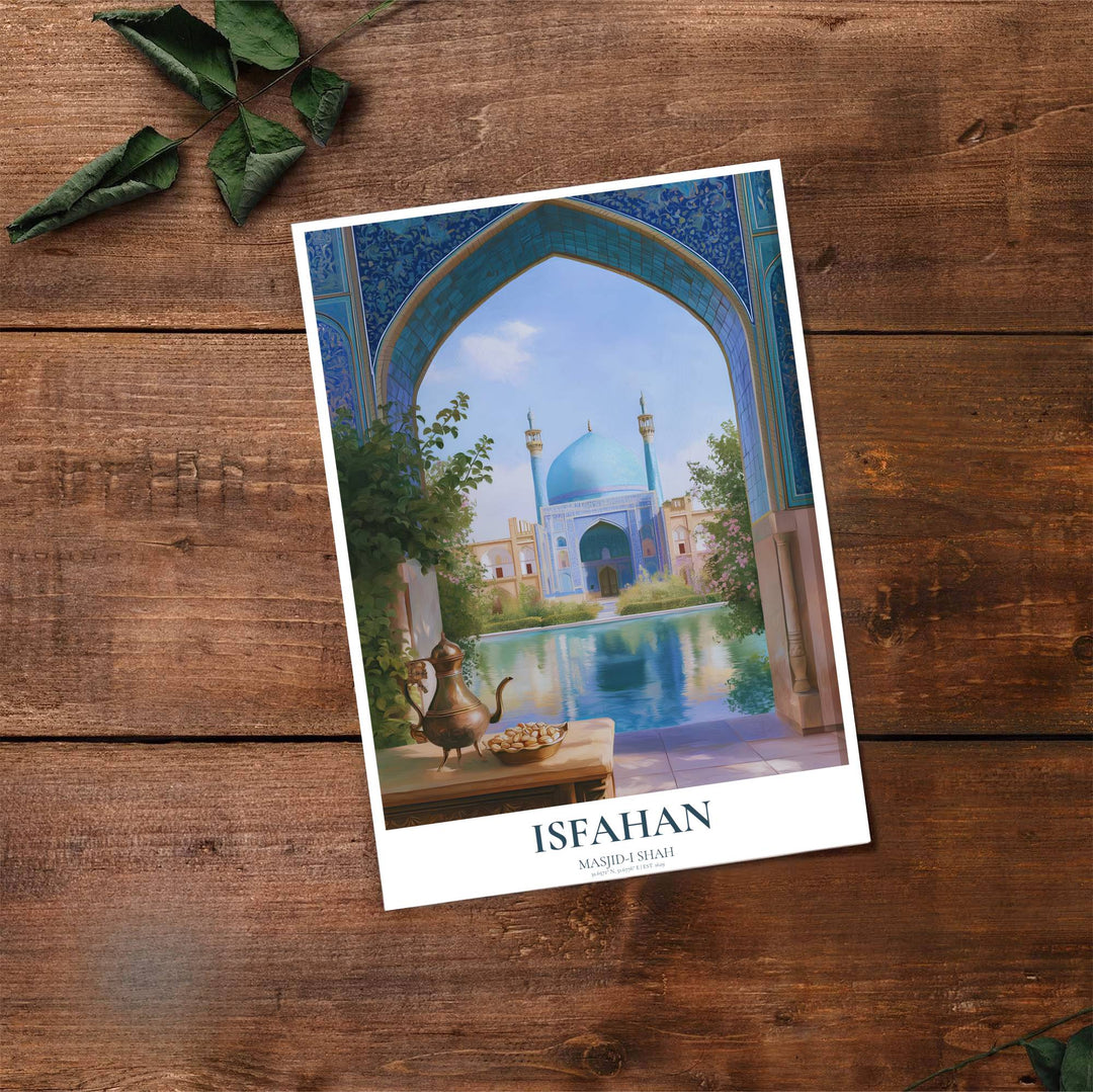 Fine art travel poster of Isfahan Shah Mosque with clean title text and subtitle reading MASJID-I SHAH IRAN. Provided by MapYourDreams, this artwork is available in flexible options including unframed paper, custom wooden frames, and gallery canvas wraps for contemporary setups.