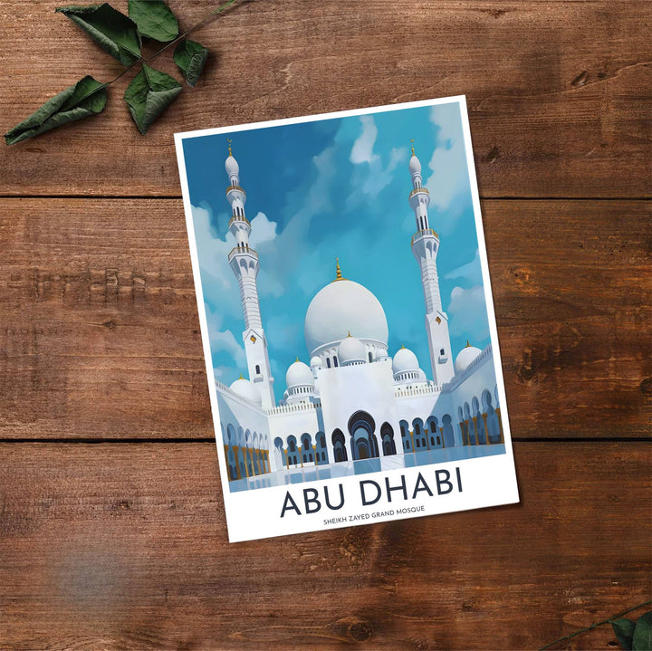 Fine art travel poster of Abu Dhabi Sheikh Zayed Grand Mosque with clean title text and subtitle reading SHEIKH ZAYED GRAND MOSQUE. Provided by MapYourDreams, this artwork is available in flexible options including unframed paper, custom wooden frames, and gallery canvas wraps for contemporary setups.