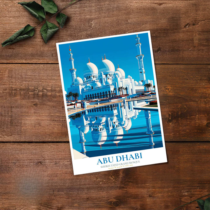 Fine art travel poster of Abu Dhabi Sheikh Zayed Grand Mosque with clean title text and subtitle reading SHEIKH ZAYED GRAND MOSQUE. Provided by MapYourDreams, this artwork is available in flexible options including unframed paper, custom wooden frames, and gallery canvas wraps for contemporary setups.