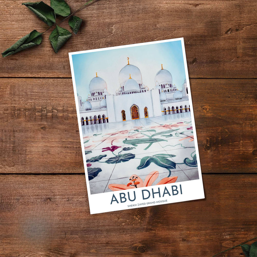 Fine art travel poster of Abu Dhabi Sheikh Zayed Grand Mosque with clean title text and subtitle reading SHEIKH ZAYED GRAND MOSQUE. Provided by MapYourDreams, this artwork is available in flexible options including unframed paper, custom wooden frames, and gallery canvas wraps for contemporary setups.