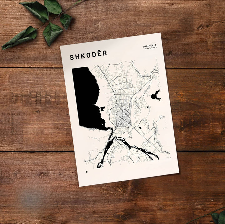 Fine line cartography traces the highways and massive lake waters of Shkodër, Albania, on archival matte print substrate. Choose from flexible display setups including unframed archival paper, wooden frames, or wrapped canvas formats.