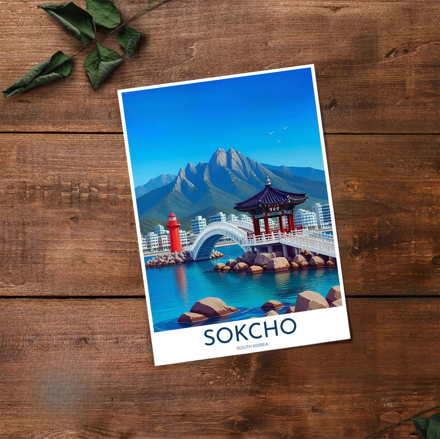 Panoramic style coastal poster showing Yeonggeumjeong Pavilion and red lighthouse in Sokcho South Korea, created by MapYourDreams in flexible formats including unframed prints, retro black frames, and stretched canvas that serve as striking statement wall art.