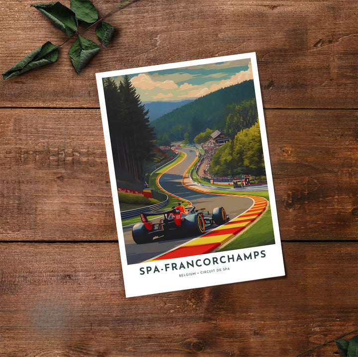 Formula 1 fan wall art depicting the famous Spa-Francorchamps uphill sector under bright Belgian afternoon light. Offered by MapYourDreams, this artwork is available in flexible options including unframed paper, custom wooden frames, and gallery canvas wraps.