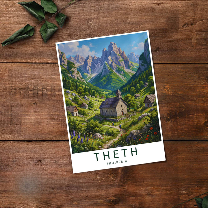 Fine art travel poster showing Theth with sunny skies, mountain backdrops, and relaxed pastoral scenery across an inviting vertical view. Choose from flexible display setups including unframed archival paper, wooden frames, or wrapped canvas formats.