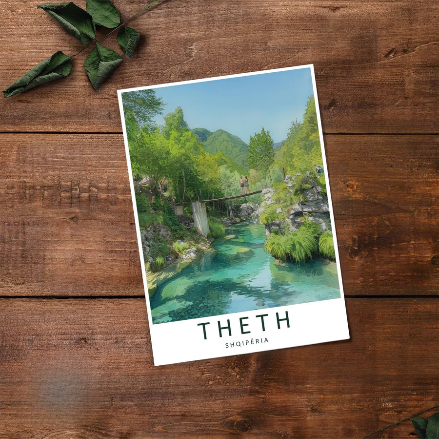 Fine art travel poster showing Theth with sunny skies, riverside forestry, and relaxed alpine scenery across an inviting vertical view. Choose from flexible display setups including unframed archival paper, wooden frames, or wrapped canvas formats.