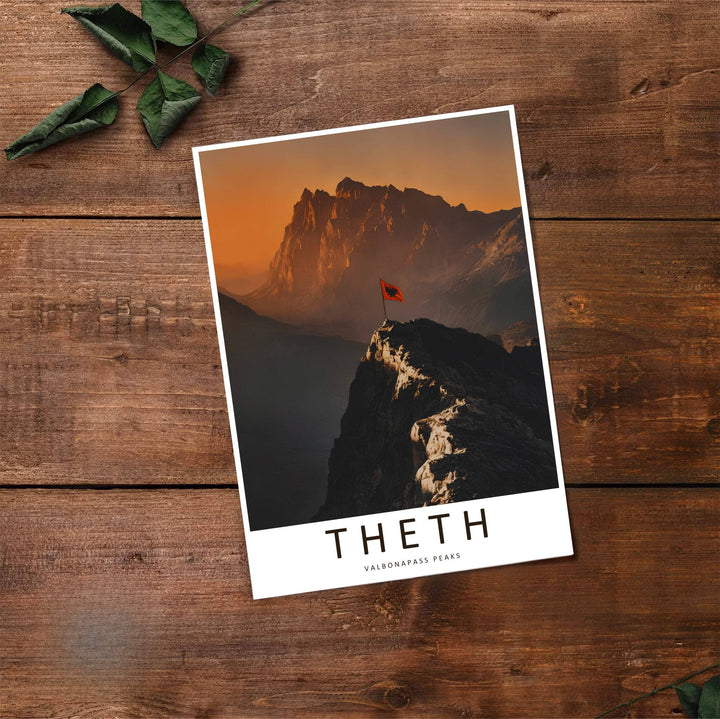 Fine art travel poster showing Valbona Pass with sunrise skies, rugged peaks, and relaxed mountain scenery across an inviting vertical view. Choose from flexible display setups including unframed archival paper, wooden frames, or wrapped canvas formats.