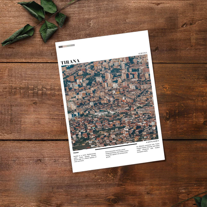 Fine art travel poster showing Tirana with sunny daylight, high-density architecture, and relaxed city scenery across an inviting vertical view. Choose from flexible display setups including unframed archival paper, wooden frames, or wrapped canvas formats.