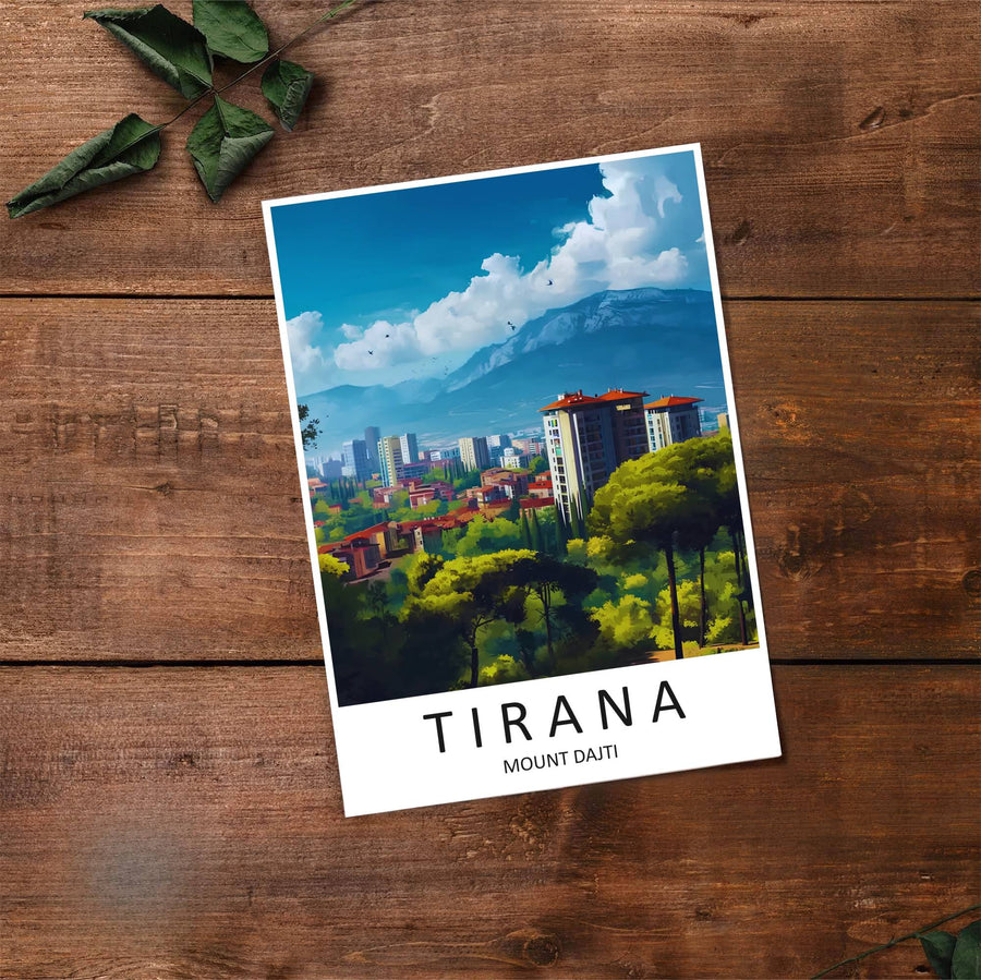 Fine art travel poster showing Tirana with sunny skies, mountain backdrops, and relaxed natural scenery across an inviting horizontal view. Choose from flexible display setups including unframed archival paper, wooden frames, or wrapped canvas formats.
