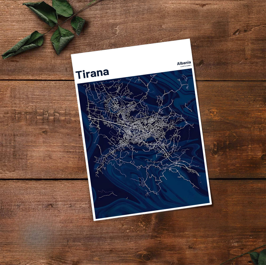 Fine line cartography traces the highways, streets, and squares of Tirana, Albania, on archival matte print substrate. Choose from flexible display setups including unframed archival paper, wooden frames, or wrapped canvas formats.