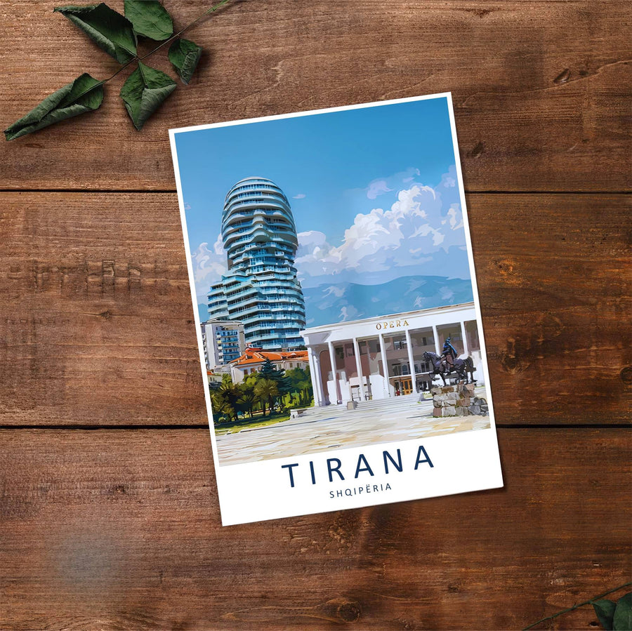 Fine art travel poster showing Tirana with sunny skies, modern skyscraper backdrops, and relaxed civic scenery across an inviting vertical view. Choose from flexible display setups including unframed archival paper, wooden frames, or wrapped canvas formats.