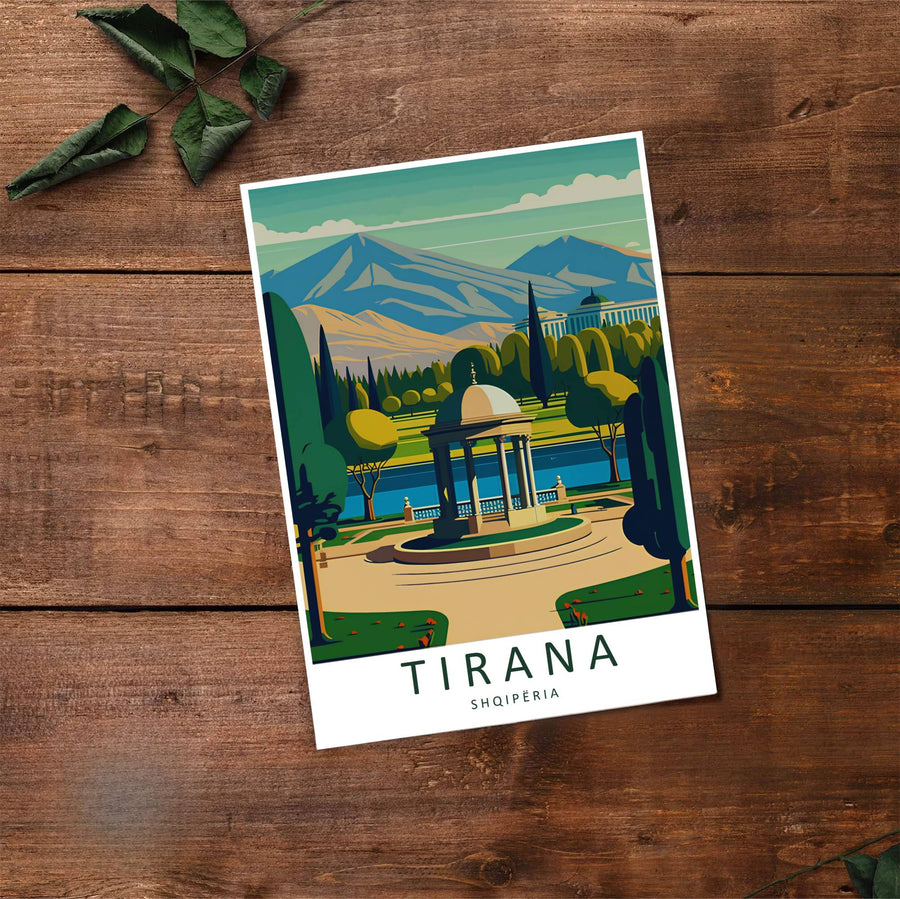 Fine art travel poster showing Tirana Grand Park with sunny skies, lakeside gazebo architecture, and relaxed natural scenery across an inviting vertical view. Choose from flexible display setups including unframed archival paper, wooden frames, or wrapped canvas formats.