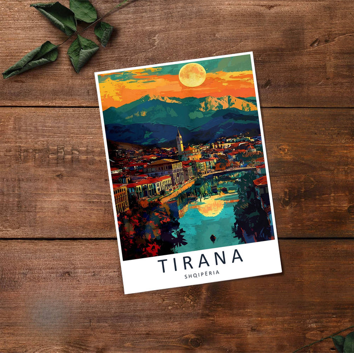 Fine art travel poster showing Tirana with glowing sunset skies, clock tower architecture, and relaxed evening scenery across an inviting vertical view. Choose from flexible display setups including unframed archival paper, wooden frames, or wrapped canvas formats.