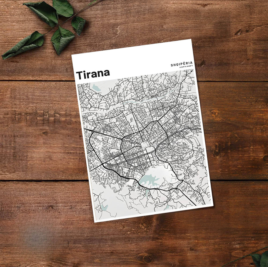 Fine line cartography traces the highways, streets, and squares of Tirana, Albania, on archival matte print substrate. Choose from flexible display setups including unframed archival paper, wooden frames, or wrapped canvas formats.