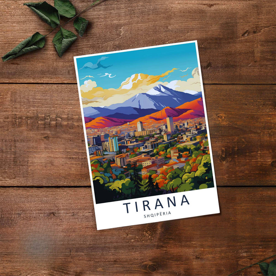 Fine art travel poster showing Tirana with sunset skies, mountain backdrops, and relaxed natural scenery across an inviting vertical view. Choose from flexible display setups including unframed archival paper, wooden frames, or wrapped canvas formats.