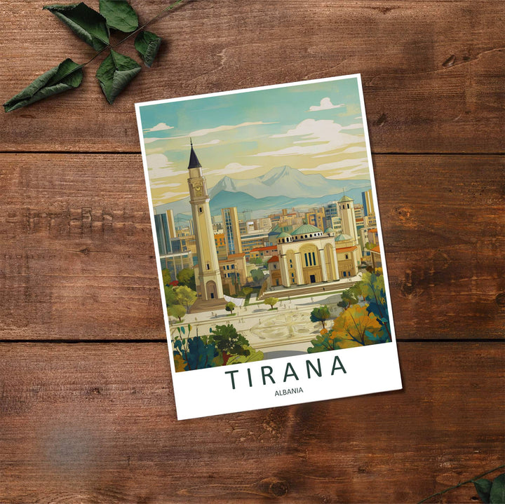 Fine art travel poster showing Tirana with daytime skies, Orthodox Cathedral architecture, and relaxed urban scenery across an inviting vertical view. Choose from flexible display setups including unframed archival paper, wooden frames, or wrapped canvas formats.