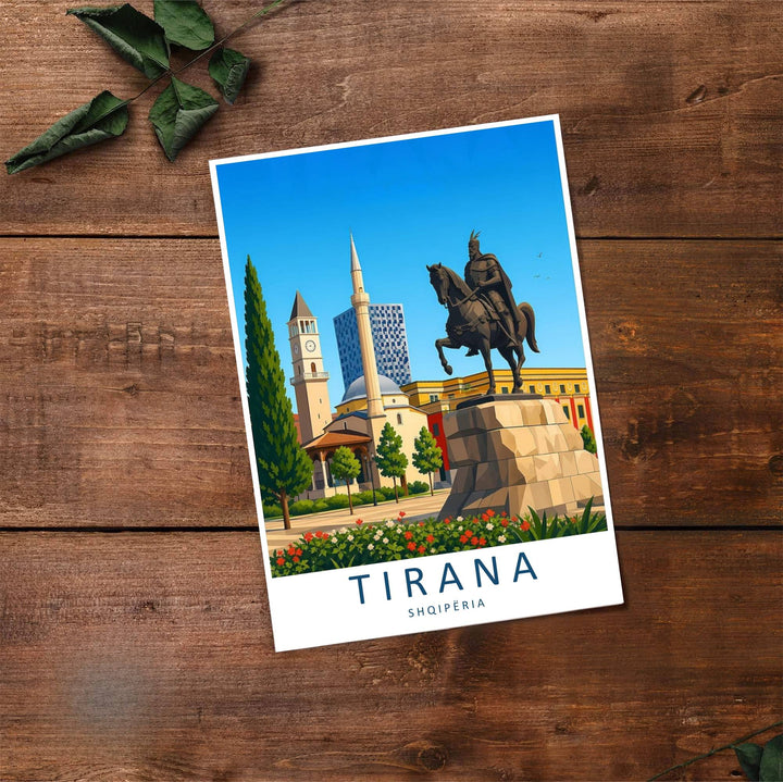 Fine art travel poster showing Tirana with daytime skies, Skanderbeg Monument architecture, and relaxed urban scenery across an inviting vertical view. Choose from flexible display setups including unframed archival paper, wooden frames, or wrapped canvas formats.