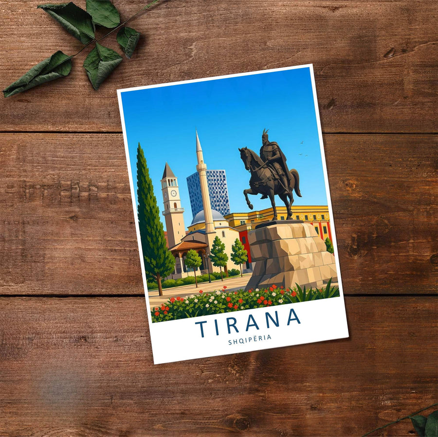 Fine art travel poster showing Tirana with daytime skies, Skanderbeg Monument architecture, and relaxed urban scenery across an inviting vertical view. Choose from flexible display setups including unframed archival paper, wooden frames, or wrapped canvas formats.