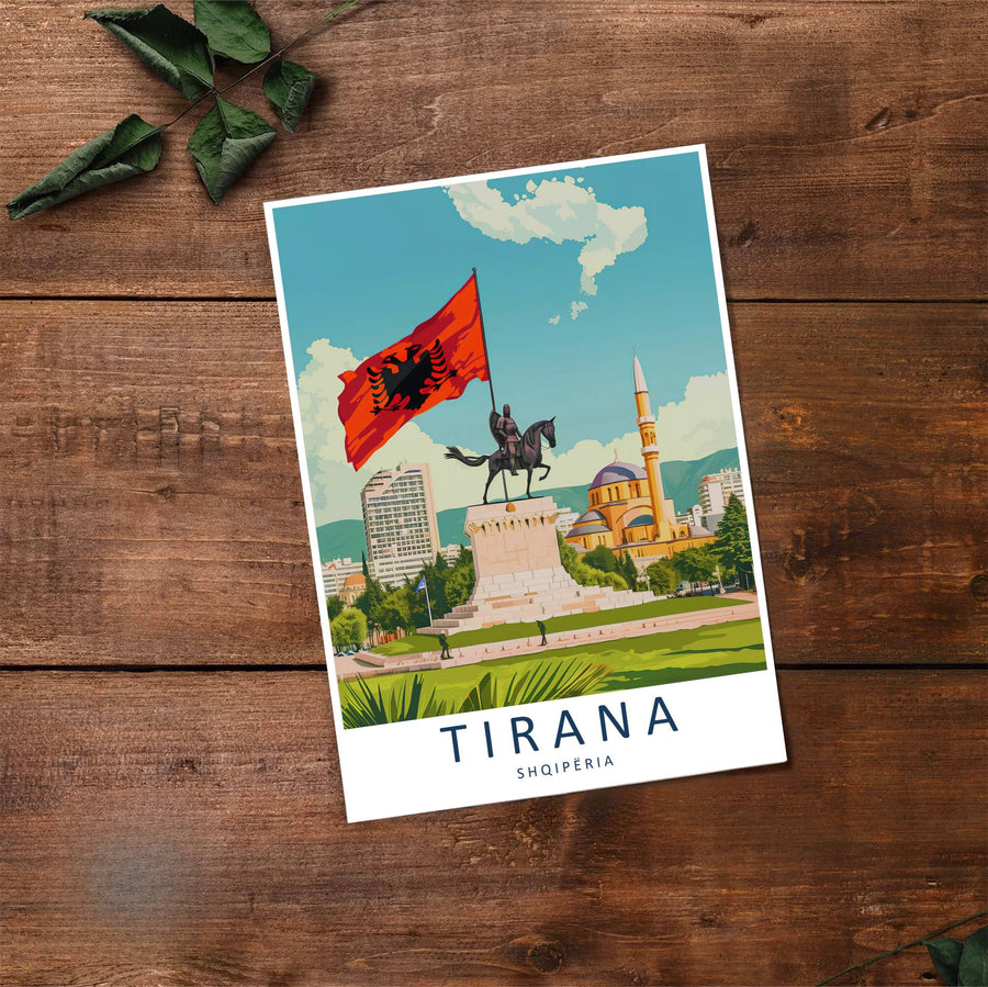 Fine art travel poster showing Tirana with daytime skies, Skanderbeg Square architecture, and relaxed urban scenery across an inviting vertical view. Choose from flexible display setups including unframed archival paper, wooden frames, or wrapped canvas formats.