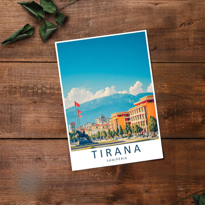 Fine art travel poster showing Tirana with daytime skies, mountain backdrops, and relaxed urban scenery across an inviting vertical view. Choose from flexible display setups including unframed archival paper, wooden frames, or wrapped canvas formats.