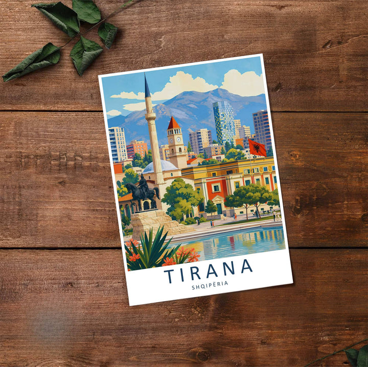 Fine art travel poster showing Tirana with daytime skies, historic monuments, and relaxed urban scenery across an inviting vertical view. Choose from flexible display setups including unframed archival paper, wooden frames, or wrapped canvas formats.