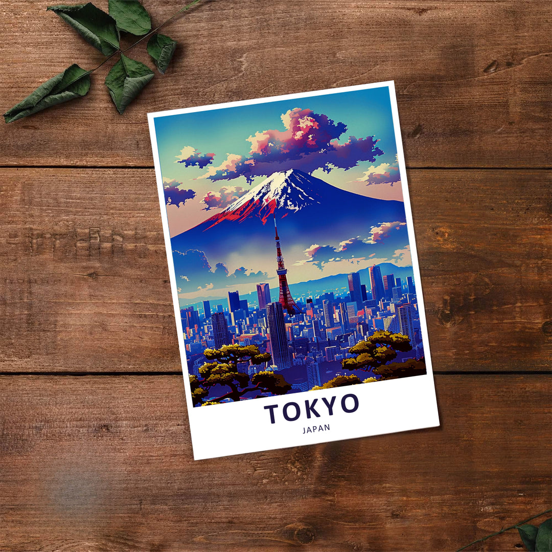 Cozy interior decor artwork displaying iconic Mount Fuji and Tokyo Tower in Tokyo Japan. Offered by MapYourDreams, this artwork is available in flexible options including unframed paper, custom wooden frames, and gallery canvas wraps.